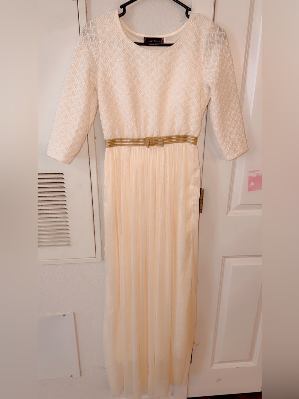 Ivory and Gold Belted Maxi Dress
